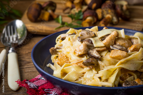 Tagliatelle pasta with forest mushrooms and chicken. photo