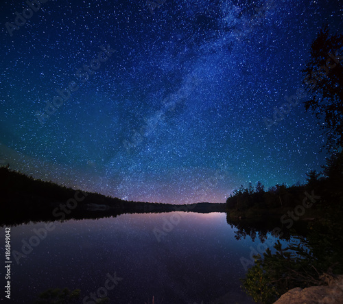 Lake at night with amazing starry sky and reflections in the water. Natural outddors travel dark background.