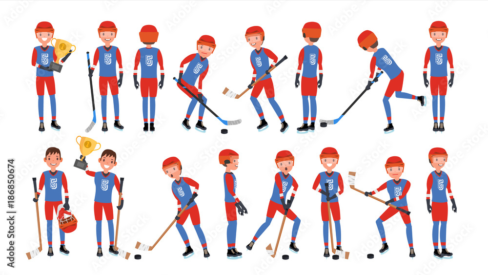 Modern Ice Hockey Player Vector. Different Poses. Athlete In Action. Flat Cartoon Illustration