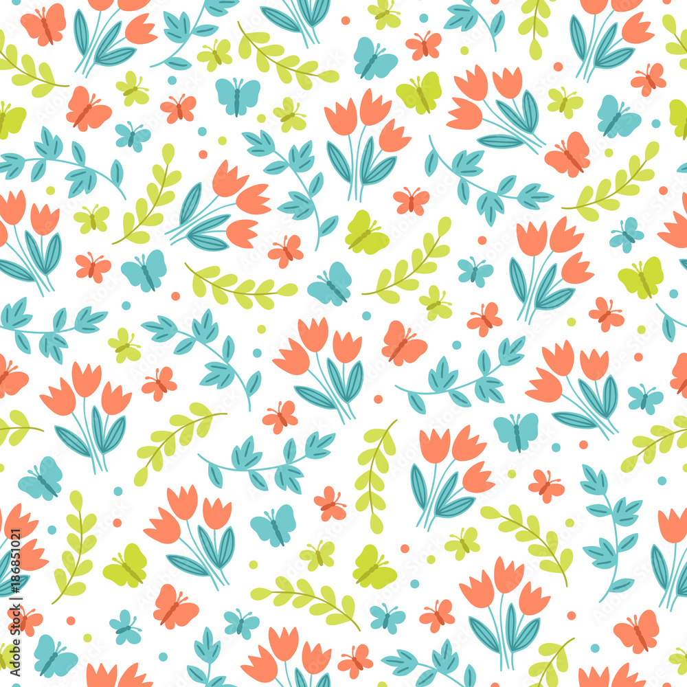 Easter seamless pattern with butterflies, tulips, and branches Easter seamless pattern with butterflies, tulips, and branches