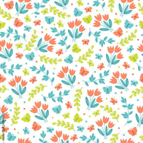 Easter seamless pattern with butterflies  tulips  and branches