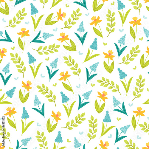 Seamless floral pattern with narcissus, branches and leaves