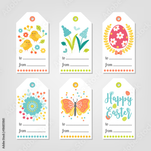 Set of Easter Gift Tags with chicken, flowers, eggs, berry