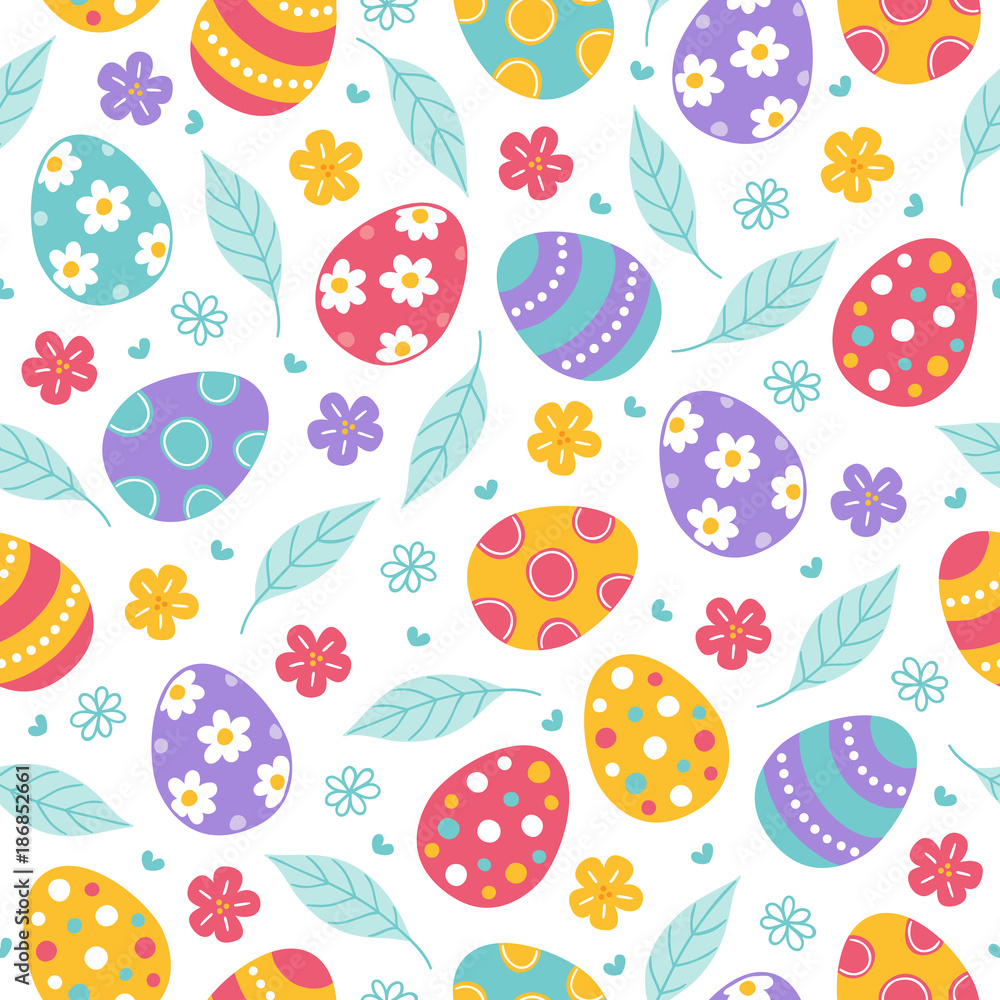 Easter seamless pattern with leaves, flowers and colorful eggs Easter seamless pattern with leaves, flowers and colorful eggs