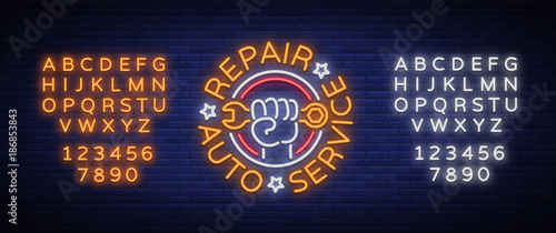 Auto service repair logo in neon style. Neon sign, a symbol on the topic of repairing cars. Emblem, bright banner, shiny sign, night non-neon bright. Vector illustration. Editing text neon sign