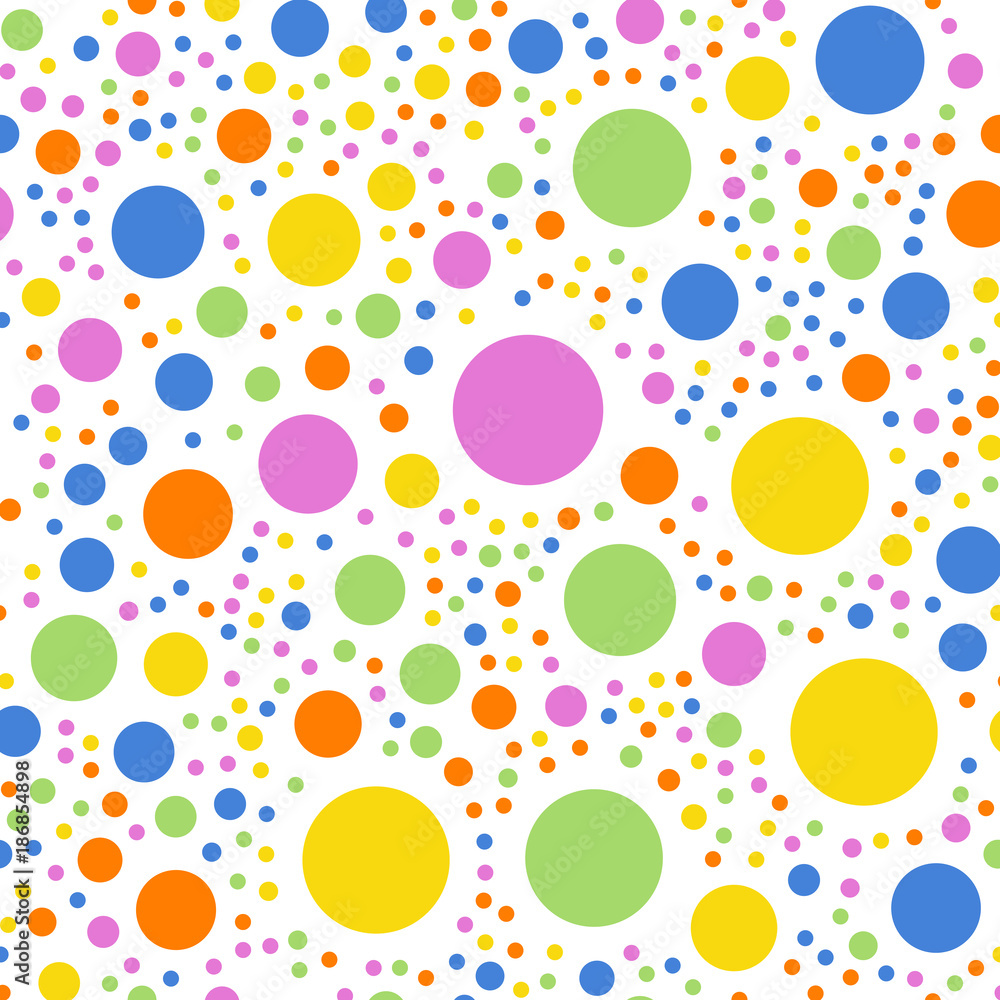 Colorful polka dots seamless pattern on white 2 background. Admirable classic colorful polka dots textile pattern. Seamless scattered confetti fall chaotic decor. Abstract vector illustration. Colorful polka dots seamless pattern on white 2 background. Admirable classic colorful polka dots textile pattern. Seamless scattered confetti fall chaotic decor. Abstract vector illustration.