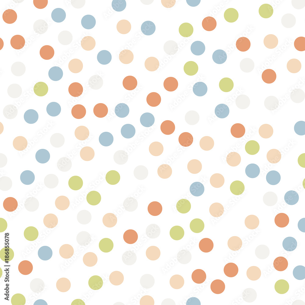 Colorful polka dots seamless pattern on white 11 background. Magnificent classic colorful polka dots textile pattern. Seamless scattered confetti fall chaotic decor. Abstract vector illustration.