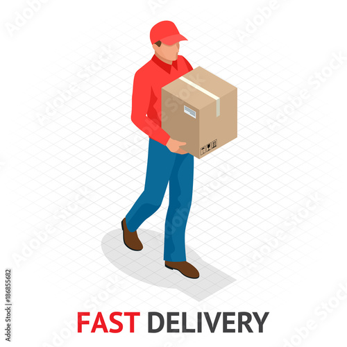 Isomeric fast delivery concept. Delivery man in red uniform holding boxes and documents. Courier order, worldwide shipping. Fast and Free Transport