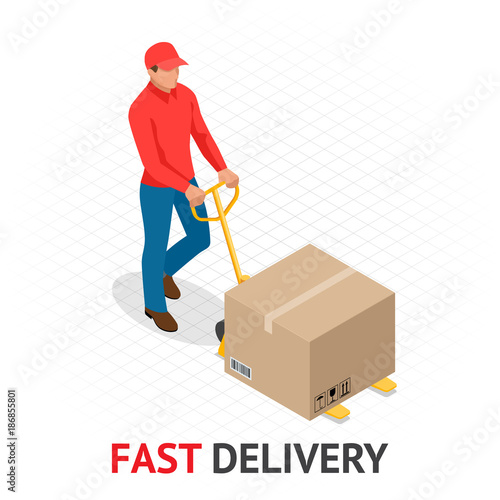 Isomeric fast delivery concept. Delivery man in red uniform holding boxes and documents. Courier order, worldwide shipping. Fast and Free Transport