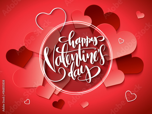 Vector illustration of valentine's day greetings card with hand lettering label - happy valentine's day - with a lot of heart shapes on cherry tomato background
