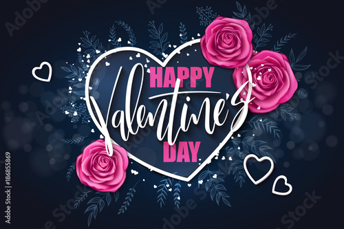 vector valentine's day grettings lettering with doodle branches, hearts, roses. Design for greeting card or poster
