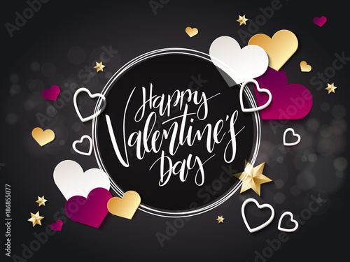 Vector illustration of valentine's day greetings card with hand lettering label - happy valentine's day - with a lot of heart shapes and stars