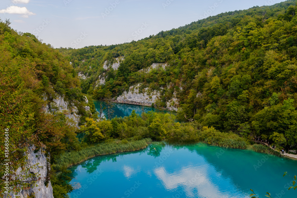 Turquoise water in the Plitvice Lakes National Park. Croatia. Europe.
