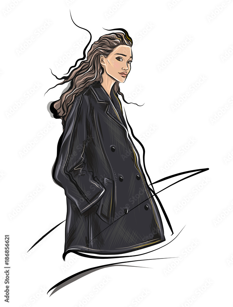 Fashion sketch girl wearing stylish designer jacket Adobe Stock