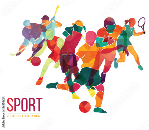 Color sport background. Football, basketball, hockey, box, golf, tennis. Vector illustration