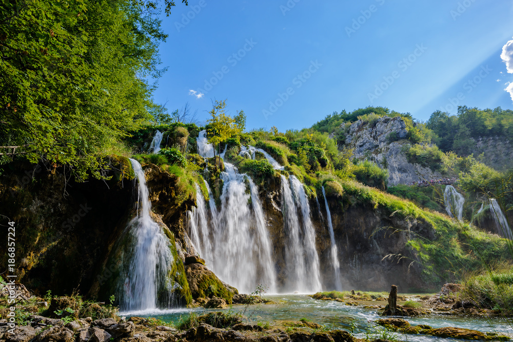 Turquoise water in the Plitvice Lakes National Park. Croatia. Europe.