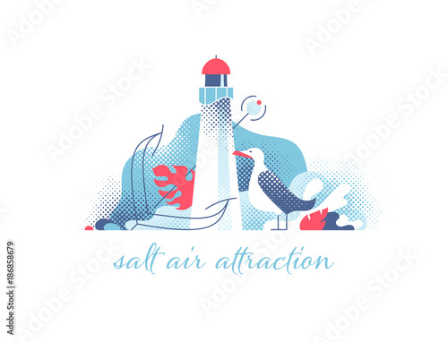 Lighthouse with seagull and anchor modern illustration. Marine and ocean theme seaside background. © spring_nymph