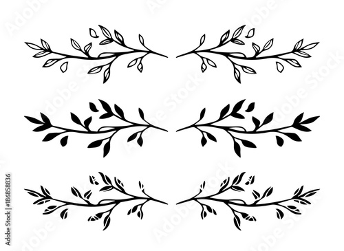 Set of vector hand drawn decorative black branch frame elements or dividers isolated on white background