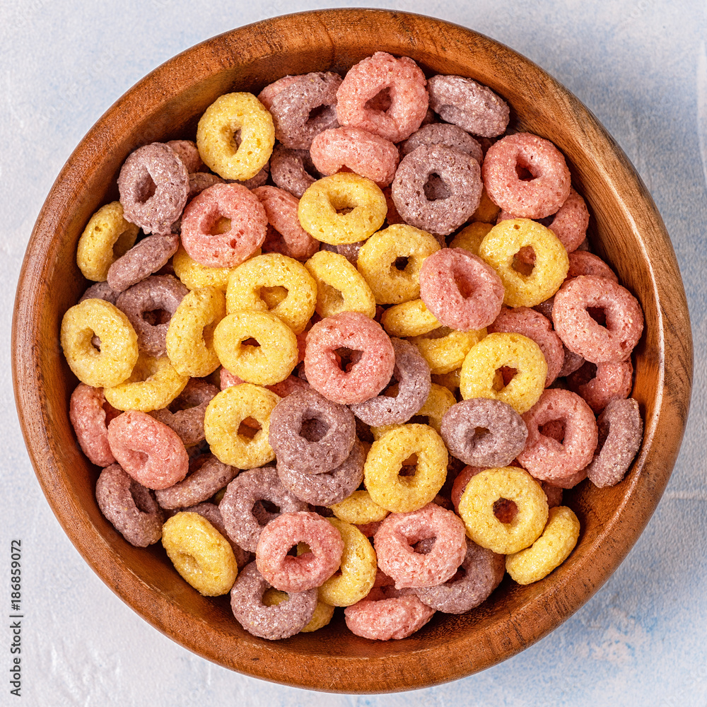 Colorful cereal rings in bowl. Colorful cereal rings in bowl.