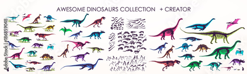 Set of silhouettes  dino skeletons  dinosaurs  fossils. Hand drawn vector illustration. Realistic Sketch collection  diplodocus  triceratops  tyrannosaurus  doodle pattern...