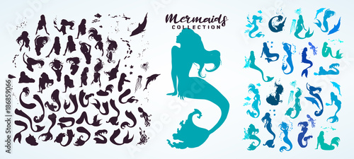 Valokuva Set: ink sketch collection of mermaids and siren creator, isolated on white