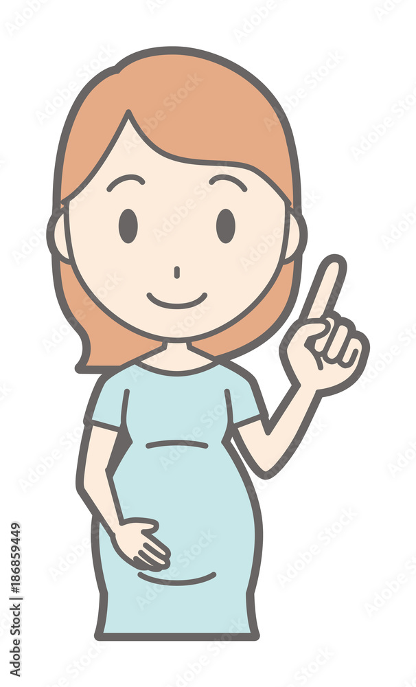 A pregnant woman in green's clothing points to her finger A pregnant woman in green's clothing points to her finger
