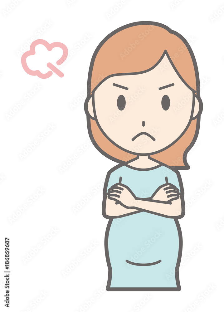 A pregnant woman in green's clothes is angry A pregnant woman in green's clothes is angry
