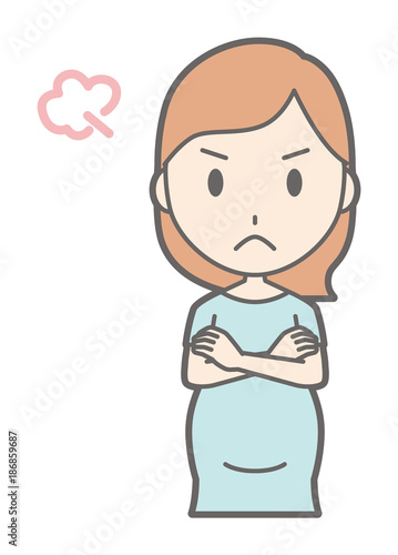 A pregnant woman in green's clothes is angry