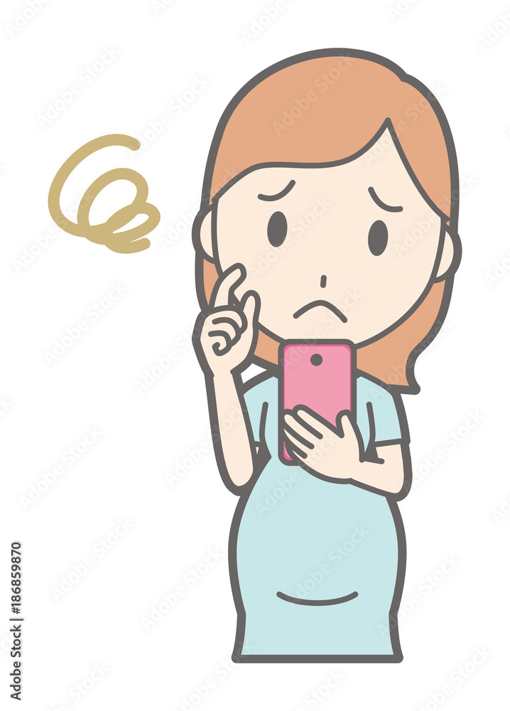 A pregnant woman wearing green clothes is troubled by operating a smartphone A pregnant woman wearing green clothes is troubled by operating a smartphone
