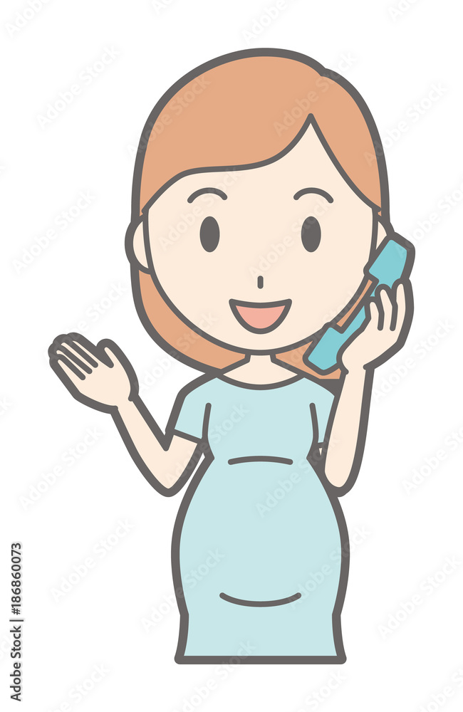 Pregnant women in green clothes are talking on the phone Pregnant women in green clothes are talking on the phone
