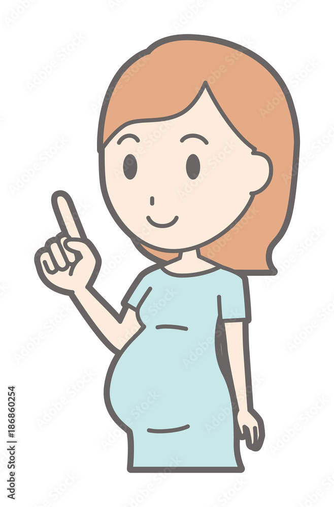 A pregnant woman wearing green dress points diagonally and points her finger