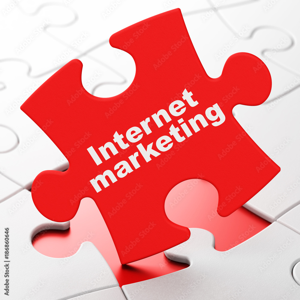 Marketing concept: Internet Marketing on Red puzzle pieces background, 3D rendering Marketing concept: Internet Marketing on Red puzzle pieces background, 3D rendering