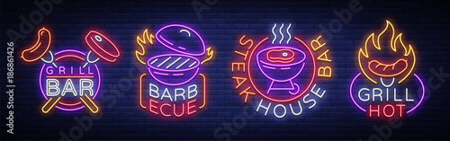 Grill is a set of neon-style logos. Vector illustration on the theme of food, meat of the same. Collection of neon signs, Grill bar, restaurant, snack bar, dining room. Barbecue, Steak House
