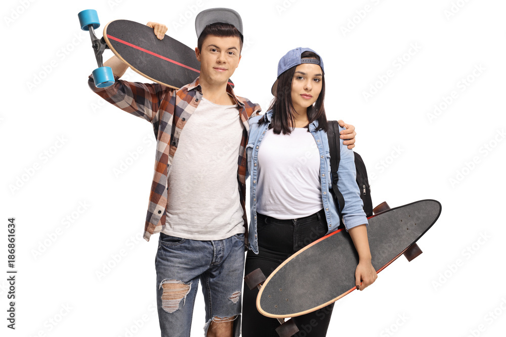 Φωτογραφία Teenage boy and a teenage girl with longboards
