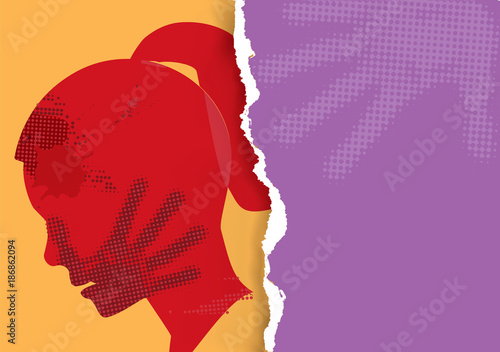 Violence against woman oncept. 
Young Woman grunge silhouette with hand print on the face on torn paper background. Vector available.