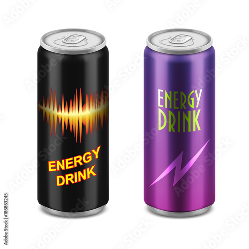 Two vector closed aluminum cans in black and purple color with a picture of lightning, a charge isolated on a white background. Set of illustrations, mock up brand design.