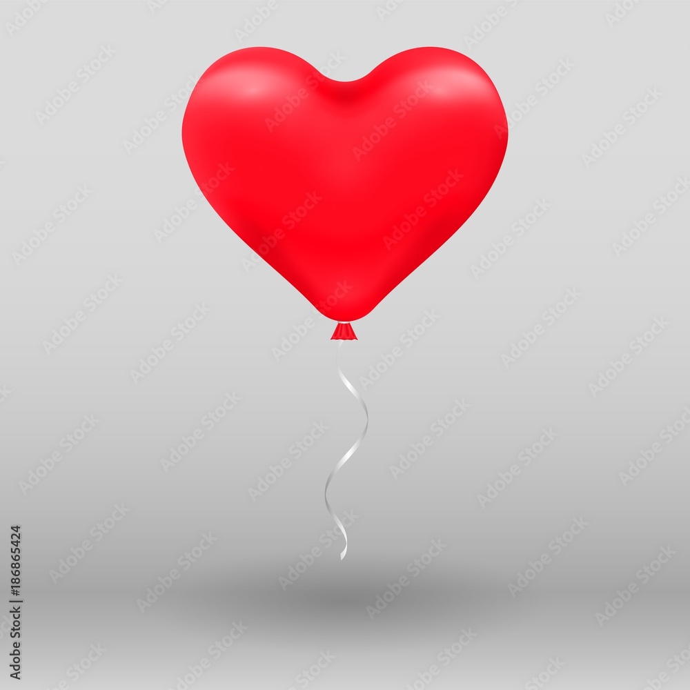 3d Realistic helium heart red Balloon. Holiday illustration of flying glossy balloon. Isolated on Background.