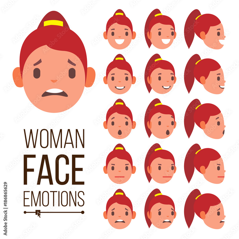 Woman Emotions Vector. Handsome Face Female. Cute, Joy, Laughter, Sorrow. Girl Avatar Psychological Portraits. Isolated Flat Cartoon Illustration Woman Emotions Vector. Handsome Face Female. Cute, Joy, Laughter, Sorrow. Girl Avatar Psychological Portraits. Isolated Flat Cartoon Illustration