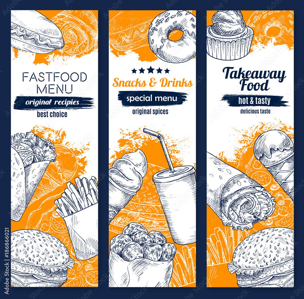 Vector fast food burger and hot dog sketch banners Stock Vector | Adobe ...