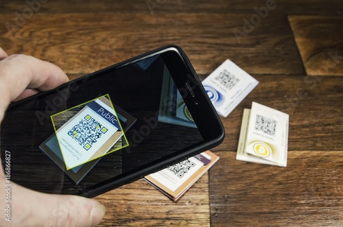 Modern way to pay anything with our smartphone and QR code reader with bitcoin virtual cryptocurrency