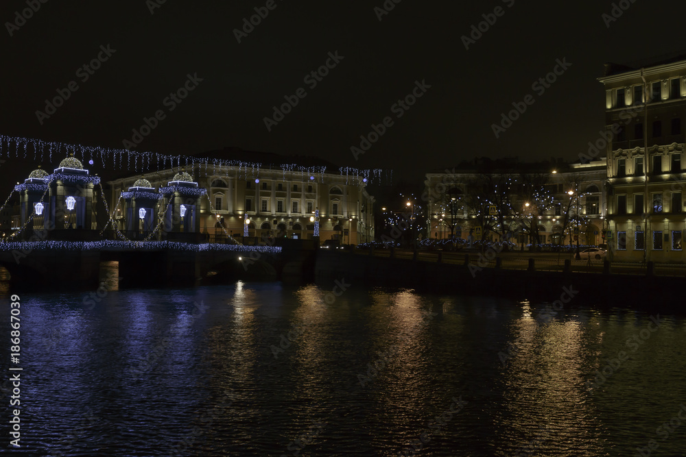 Illuminated Bridge center of Saint Petersburg. Beautiful Christmas light installation.