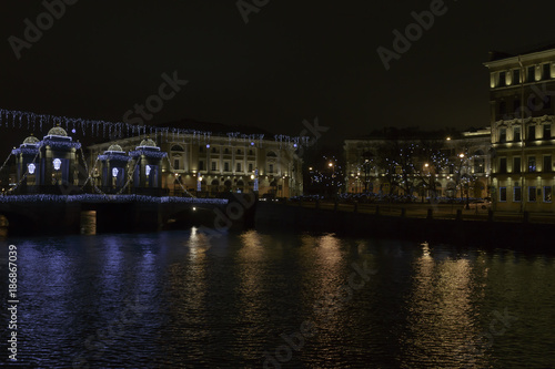 Illuminated Bridge center of Saint Petersburg. Beautiful Christmas light installation.