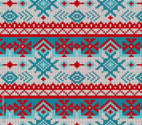 Seamless Knitted Pattern with Snowflakes Background