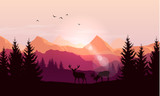 Vector landscape with silhouettes of mountains, trees and two deer with sunrise or sunset sky and lens flares