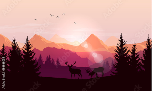 Vector landscape with silhouettes of mountains, trees and two deer with sunrise or sunset sky and lens flares © Kateina