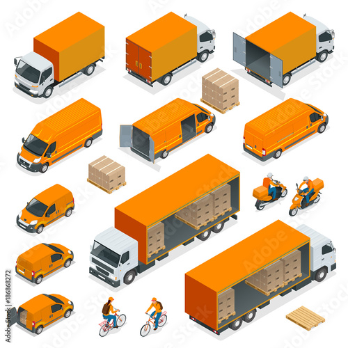Isometric Logistics icons set of different transportation distribution vehicles, delivery elements. Cargo transport isolated on white background.