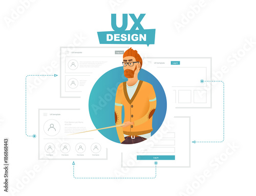 User experience. Expert in the interface creation process. Сartoon character. Сreation of wireframes for web interfaces. Modern vector illustration for web, print and presentations.