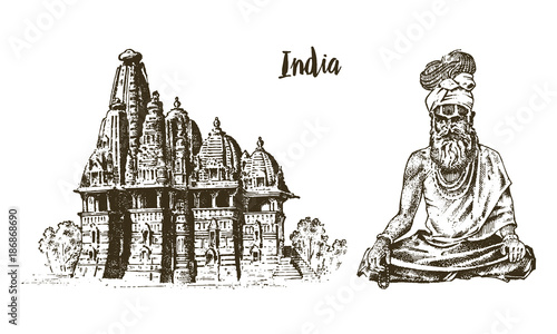 Hindu in national dress. Indian spiritual monk meditating. Traditional religious sadhu. engraved hand drawn in old sketch, vintage style.