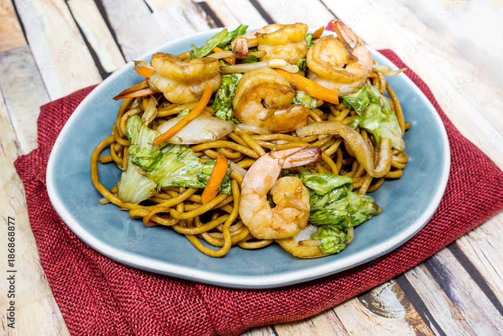 asian food fried Shrimp noodle on the table asian food fried Shrimp noodle on the table
