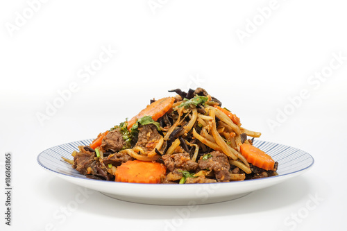 fried beef noodle food on the table